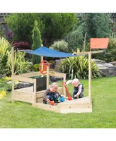 Kids Wooden Sandbox Foldable Design, w/ Canopy, Seats, Flag,