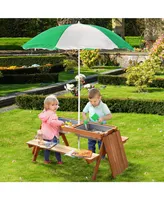 Outsunny Fir Wood Kids Table Set with Parasol and Storage Space, Natural Wood