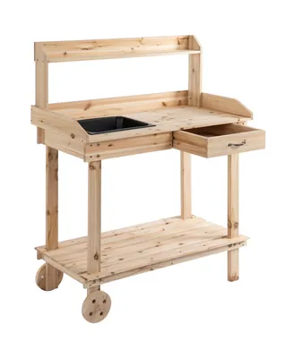 Wood Potting Bench Workstation Table w/ Storage Cabinet, Shelf Natural