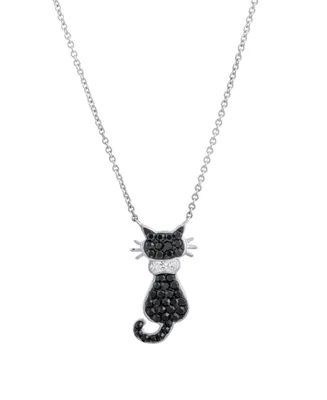 Macy's Black and White Crystal Sitting Cat Necklace in Fine Silver Plated Brass