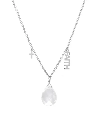 Macy's Clear Quartz Pear Shape Bead 16mm Faith Charm Necklace in Fine Silver Plated Brass