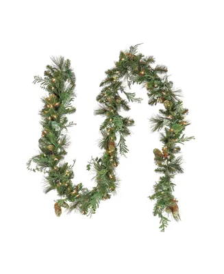 National Tree Company First Traditions Collection 9' Pre-Lit Artificial North Conway Garland with Glittery Cones and Eucalyptus
