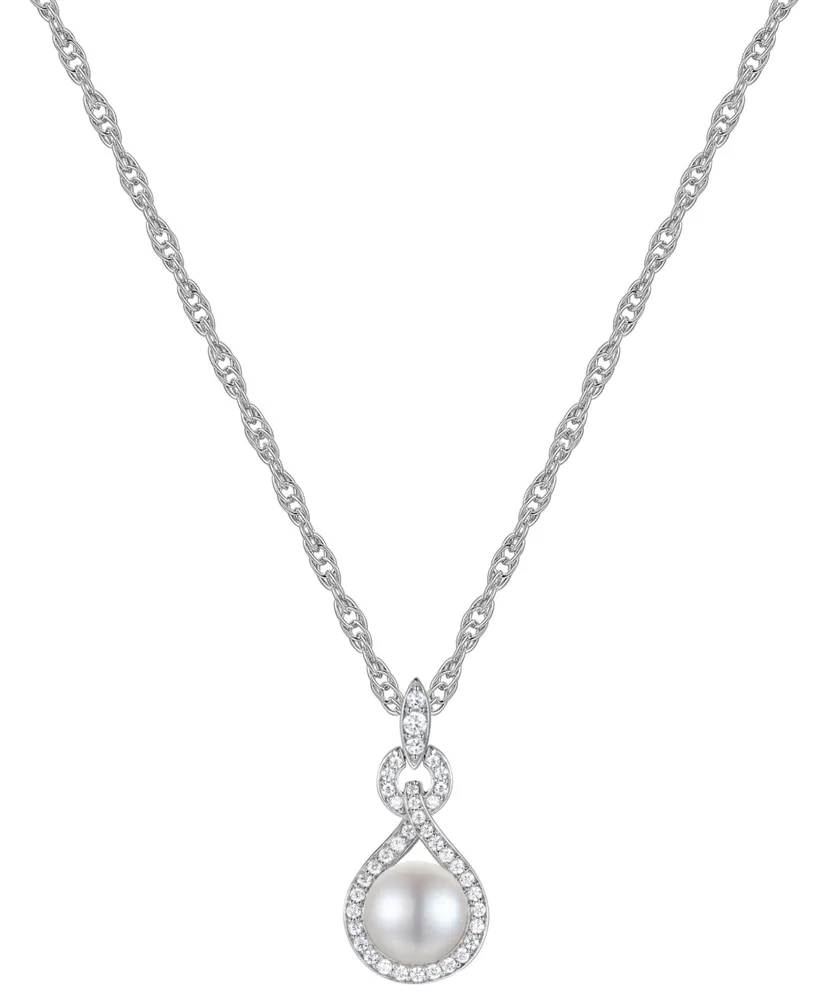 Cultured Freshwater Pearl (7-1/2mm) & Diamond (1/4 ct. t.w.) 18" Pendant Necklace in 10k Gold