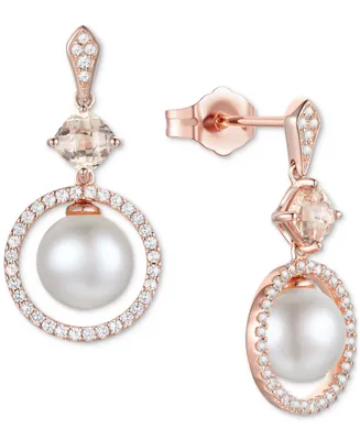 Cultured Freshwater Pearl (6-1/2mm), Morganite (5/8 ct. t.w.) & Diamond (1/3 ct. t.w.) Circle Drop Earrings in 10k Rose Gold