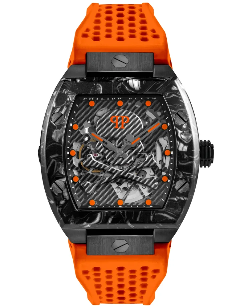 Philipp Plein Men's Automatic The $keleton Sport Master Orange Perforated Silicone Strap Watch 44x56mm