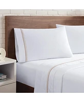 Aston and Arden Sateen Full Sheet Set, 1 Flat Sheet, Fitted 2 Pillowcases, 600 Thread Count, Cotton, Pristine White with Fine Baratta