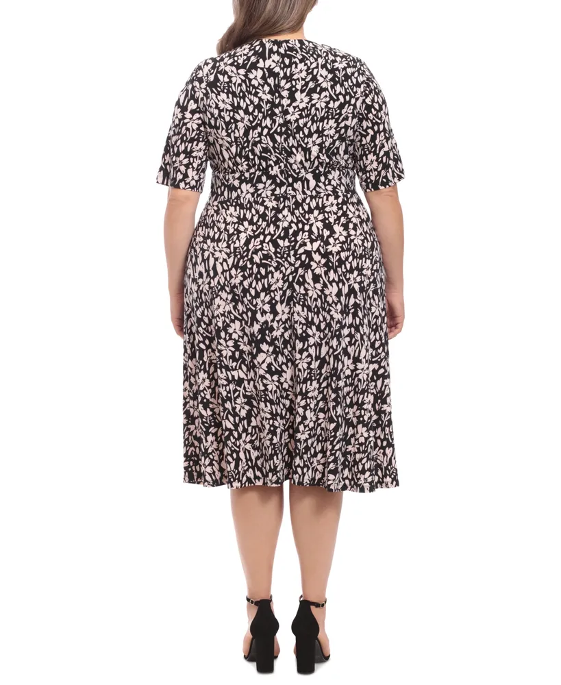 London Times Plus Floral-Print Short-Sleeve Midi Dress