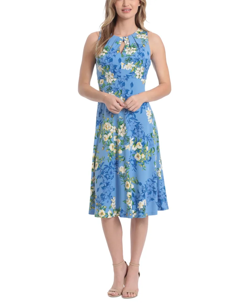 London Times Petite Pleated Keyhole Floral-Print Midi Dress