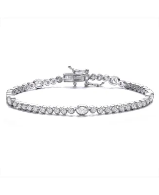 Genevive Sterling Silver with Rhodium Plated Clear Round and Oval Cubic Zirconia Bezel Set Tennis Bracelet