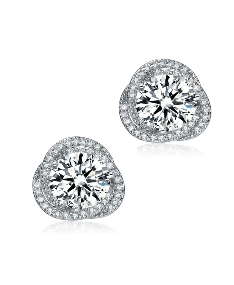 Genevive Sterling Silver with Rhodium Plated Clear Round Cubic Zirconia Swirl Halo Stud Earrings