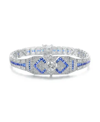 Genevive Radiant Sterling Silver Link Bracelet with Clear Round & Blue Baguette Cubic Zirconia