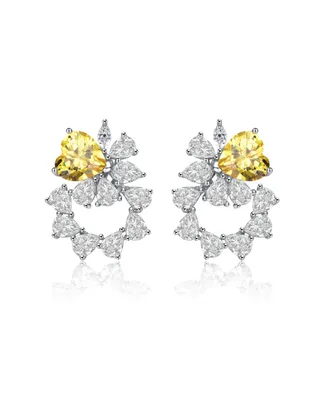 Genevive Sterling Silver Rhodium Plated Yellow Cubic Zirconia Floral Stud Butterfly Earrings