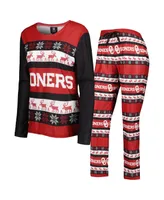 Women's Foco Crimson Oklahoma Sooners Ugly Long Sleeve T-shirt and Pajama Pants Sleep Set