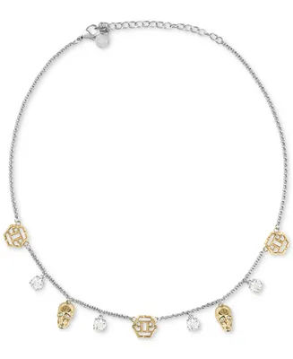 Philipp Plein Two-Tone Stainless Steel Crystal, 3D $kull & Hexagon Logo Charm Necklace, 15-3/4" + 2" extender