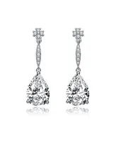 Genevive Sterling Silver with Rhodium Plated Clear Pear Cubic Zirconia Solitaire with Accent Drop Earrings