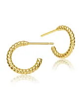 Genevive Sterling Silver 14K Gold Plated Clear Cubic Zirconia Ribbed Open Hoop Post Earrings