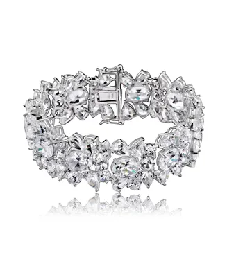 Genevive Exquisite Rhodium-Plated Sterling Silver Flower Bracelet with Cubic Zirconia
