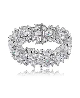 Genevive Exquisite Rhodium-Plated Sterling Silver Flower Bracelet with Cubic Zirconia