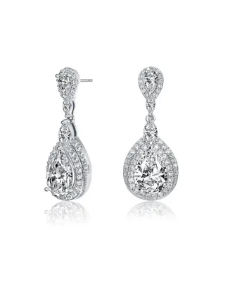 Genevive Sterling Silver with Rhodium Plated Clear Pear with Marquise and Round Cubic Zirconia Double Halo Dangle Earrings