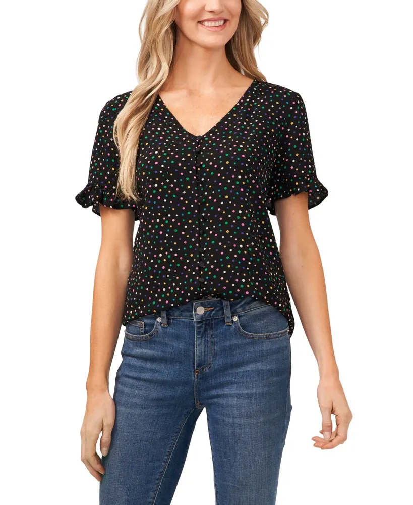 CeCe Women's V-neck Short Sleeve Button Front Polka Dot Blouse