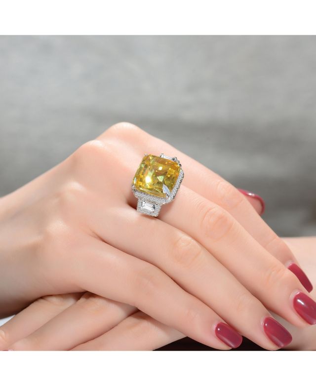 Genevive Sterling Silver with Rhodium Plated Yellow Asscher Clear Emerald Cubic Zirconia Halo Three-Stone Ring