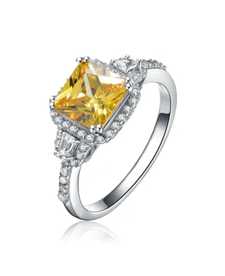 Genevive Sterling Silver Yellow Cubic Zirconia Halo Coctail Ring