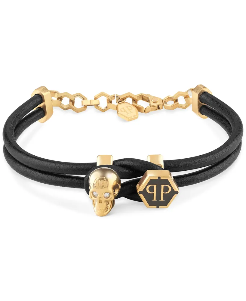 Philipp Plein Gold-Tone Ip Stainless Steel 3D $kull & Logo Leather Flex Bracelet