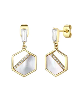 Rachel Glauber 14k Gold Plated Sterling Silver with Mother of Pearl & Cubic Zirconia Hexagon Dangle Earrings