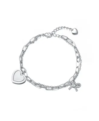 Genevive Sterling Silver with Rhodium Plated Heart Paper Clip Chains Bracelet