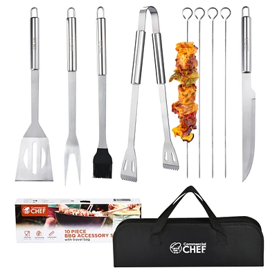 Commercial Chef 10 Piece Stainless Steel Barbeque Grill Tool Set with Carry Bag