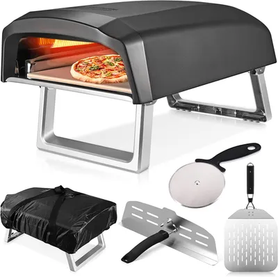 Commercial Chef Propane Gas Pizza Oven with Dual Burner System includes Baffle Door, Peel, 12" Stone, Cutter, and Cover