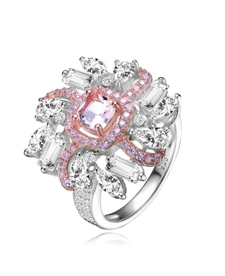 Genevive Sterling Silver White Gold and Rose Plated Morganite Cushion with Pink Clear Cubic Zirconia Cluster Ring