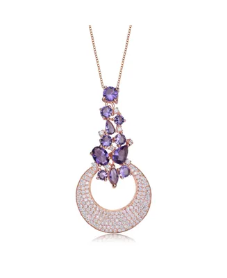 Sterling Silver 18K Rose Gold Plated Clear and Purple Cubic Zirconia Pendant Necklace