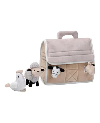 Lambs & Ivy Baby Farm Plush Barn with 4 Stuffed Animals Toy - Taupe/Gray/White