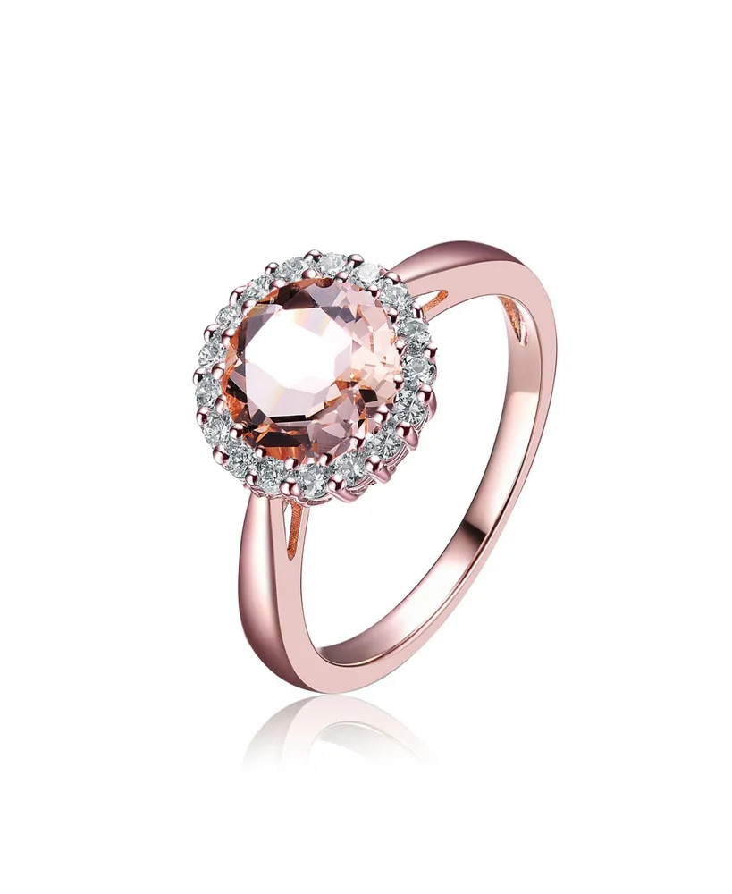 Genevive Sterling Silver with Rose Gold Plated Halo Round Morganite Pink Cubic Zirconia Solitaire Ring