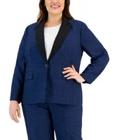 Le Suit Plus Contrast-Collar Windowpane Check Pantsuit