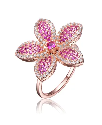 Genevive Sterling Silver 18K Rose Plated Clear and Ruby Cubic Zirconia Flower Coctail Ring
