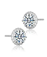 Sterling Silver with Rhodium Plated Clear Round Cubic Zirconia with Small Clear Round Cubic Zirconia Halo Accent Stud Earrings