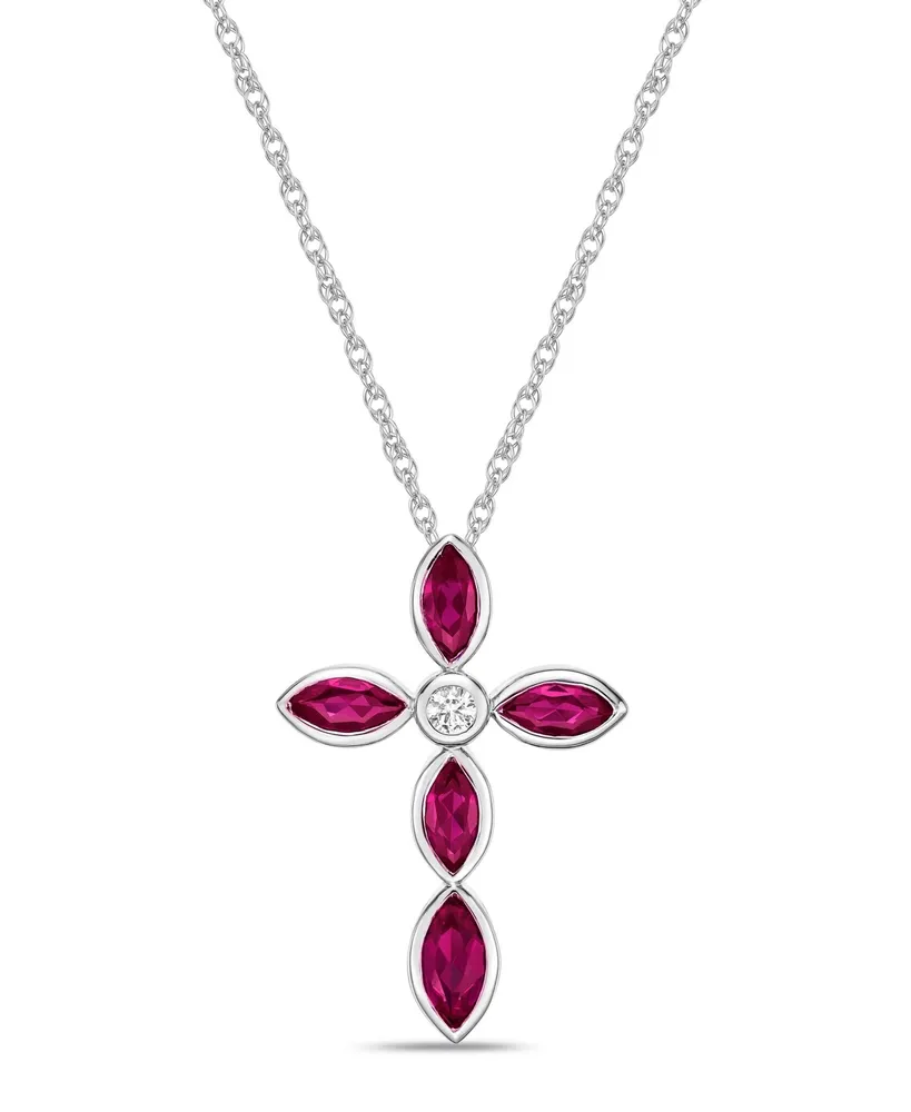 Sterling Silver Simple 1 5/8 (ct. t. w.) Lab Grown Ruby and Lab Grown White Sapphire Marquise Bezel Set Cross Pendant Necklace