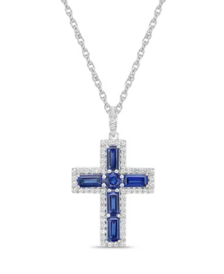 Sterling Silver Halo Birthstone Style Lab Grown Blue Sapphire and Lab Grown White Sapphire Fancy Cut Cross Pendant Necklace