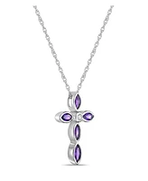 Sterling Silver Simple 1 3/8 (ct. t. w.) Genuine Purple Amethyst and White Topaz Marquise Bezel Set Cross Pendant Necklace