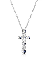 Lab Grown Blue and Lab Grown White Sapphire (7/8 ct. t. w.) Bezel Set Cross Pendant Necklace Set in Sterling Silver