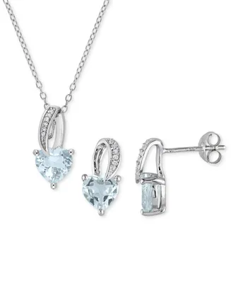 2-Pc. Set Aquamarine (2-3/8 ct. t.w.) & Diamond (1/20 ct. t.w.) Heart Pendant Necklace & Matching Stud Earrings in Sterling Silver