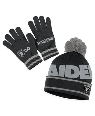 Women's Wear by Erin Andrews Black Las Vegas Raiders Double Jacquard Cuffed Knit Hat with Pom and Gloves Set