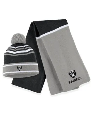 Women's Wear by Erin Andrews Black Las Vegas Raiders Colorblock Cuffed Knit Hat with Pom and Scarf Set