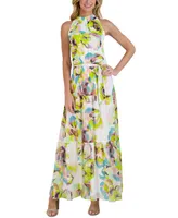 julia jordan Mock-Neck Tiered Printed Chiffon Maxi Dress