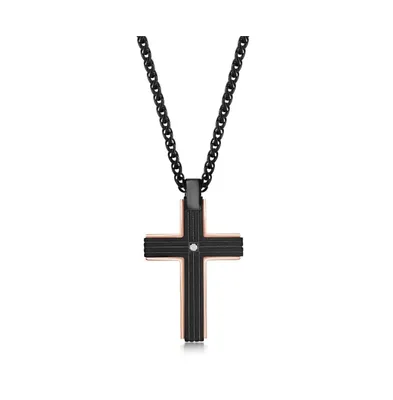 Mens Stainless Steel Black w/ Rose Gold Border Single Cz Necklace