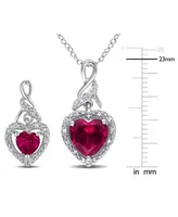 2-Pc. Set Lab-Grown Ruby (4 ct. t.w.) & Diamond (1/4 ct. t.w.) Heart Halo Pendant Necklace and Matching Drop Earrings in Sterling Silver