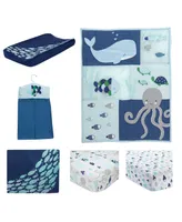 Lambs & Ivy Oceania Blue/Gray/White Whale with Octopus and Fish Nautical Ocean 6-Piece Nursery Baby Crib Bedding Set