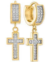 Esquire Men's Jewelry Cubic Zirconia Cross Dangle Huggie Hoop Earrings in 14k Gold-Plated Sterling Silver, Created for Macy's